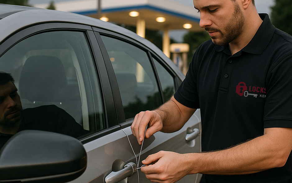 Technician repairing car ignition system at roadside