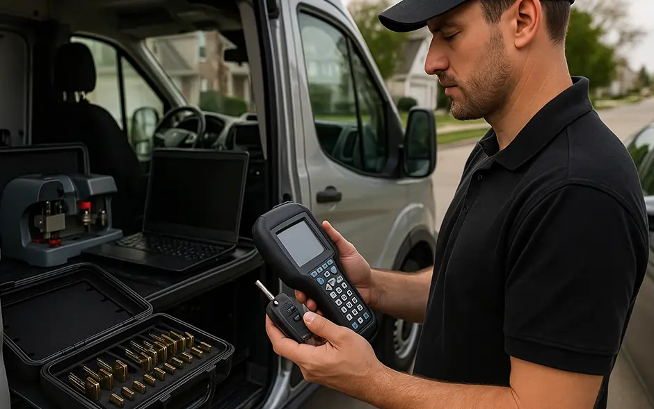 Technician programming car transponder key with diagnostic tool