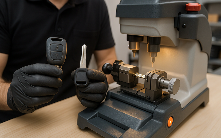Auto locksmith cutting new car key after damage